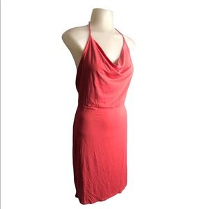 Lizabell | Coral Fitted Halter Tie Drape Neck Mini Dress